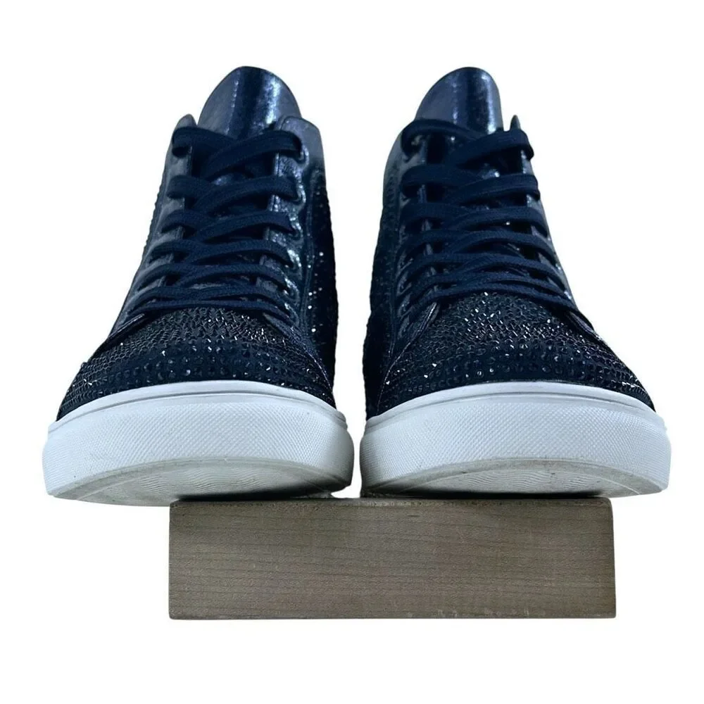 Lady Couture Flat Laser Cut High Top Bling Rhinestone Sneaker Navy Women's Size - Picture 4 of 10